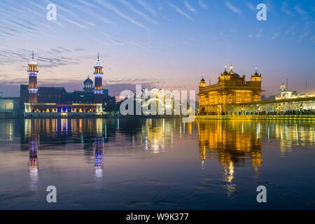 Der Goldene Tempel (Harmandir Sahib) und Amrit Sarovar (Pool von Nektar) (See von Nektar), in der Dämmerung, Amritsar, Punjab, Indien, Asien Stockfoto