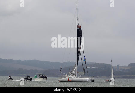 Klima Aktivistin Greta Thunberg beginnt Ihre Reise in die USA von Plymouth auf der Malizia II, Klima Demonstrationen im Land am 20. September und 27. und bei den Vereinten Nationen Klimaschutz Gipfel sprechen. Stockfoto