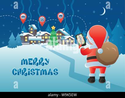 Frohe Weihnachten. Cute Santa Claus mit GPS-Navigation und kartenzeiger Symbole auf einem Winter Dorf Hintergrund. Vector Illustration. Stock Vektor
