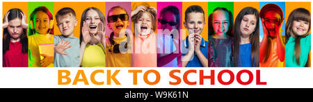 Halbe Länge close up Portrait von Kinder auf bunten Hintergründen im Neonlicht. Menschliche Emotionen, Bildung, zurück in die Schule, Vertrieb, Werbung. Kreative Collage aus verschiedenen Fotos von 11 Modellen. Stockfoto