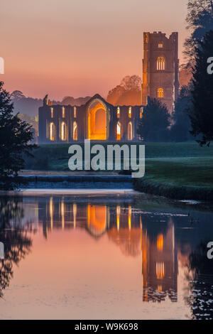 Das Zisterzienserkloster von Fountains Abbey leuchtet in der Dämmerung und in den Fluss Skell, UNESCO, North Yorkshire, Yorkshire, England, UK wider Stockfoto