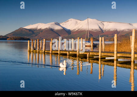 Derwent Water und schneebedeckten Skiddaw von Lodor Hotel Jetty, Borrowdale, Nationalpark Lake District, Cumbria, England, Vereinigtes Königreich, Europa Stockfoto