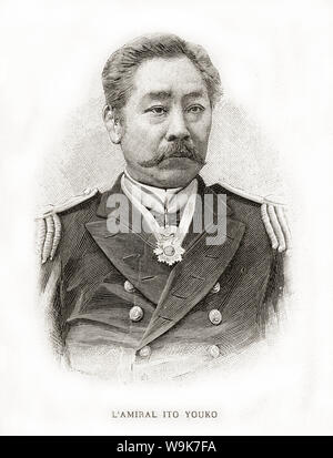 [1890s Japan - Japanische Admiral Yuko Ito] - Yuko Ito (伊東祐亨, 1843 - 1914) war ein Admiral in der Kaiserlichen Japanischen Marine. Er diente während des Ersten Japanisch-Chinesischen Krieges (1894 - 1895) und dem Russisch-Japanischen Krieg (1904-1905). Im Französischen veröffentlichte illustrierte Wochenzeitung L'Illustration am 16. Februar 1895 (Meiji 28). 19 Vintage Zeitung Abbildung. Stockfoto