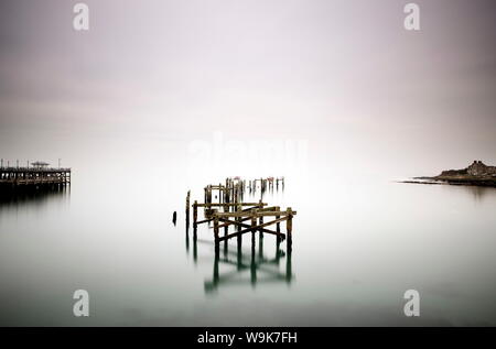 Reste der alten Pier auf misty morning, Swanage, Dorset, England, Vereinigtes Königreich, Europa Stockfoto