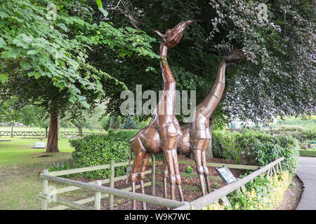 Metall, Giraffen,,, Britische Eisenhütten, bei CAE-Glas Park, Oswestry, a, Markt, Stadt, in, Shropshire, Grenze, von, Wales, England, GB, VEREINIGTES KÖNIGREICH, Stockfoto