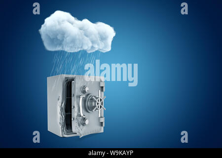 3D-Rendering des Weißen regen Wolke über gebrochene graues Metall Bank sicher auf blauem Hintergrund beschädigt Stockfoto