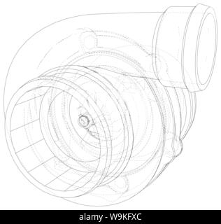 Automotive Turbolader Linie Skizze auf weißem Hintergrund. Die Leistung des Fahrzeugs Turbo. Auto Turbolader unterzeichnen. Vektor Rendering von 3d Stock Vektor