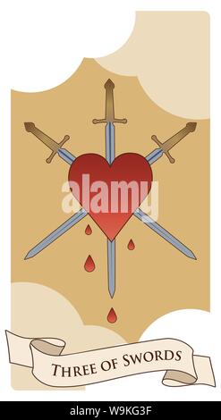 Drei der Schwerter. Herzen von drei Schwerter auf Wolken Hintergrund durchbohrt. Blut sinkt. Stock Vektor