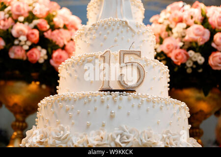 Party Kuchen, 15 Jahre alten Geburtstagskuchen, fünfzehn Jahre alt. Festival, schön. Stockfoto