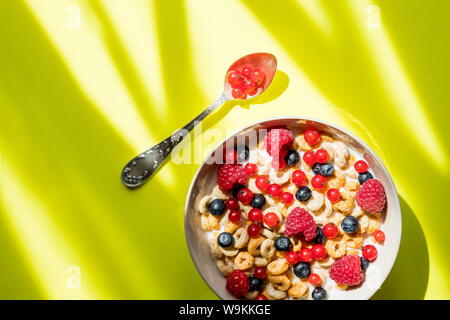 Gesundes Frühstück mit Beeren, getrocknete Früchte, Nüsse, Getreide, Ansicht von oben kopieren. Cornflakes mit Himbeeren und Blaubeeren auf gelben Hintergrund. Süße Stockfoto