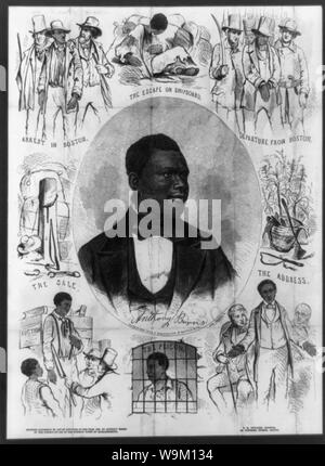 Anthony Burns Abstract: Drucken zeigt ein Porträt der Fugitive slave Anthony Burns, deren Verhaftung und Prozess unter der Fugitive slave Act von 1850 die Unruhen und Proteste der Abolitionisten und die Bürger von Boston im Frühjahr 1854 berührt. Eine Büste Porträt der 24-jährige Burns ist von Szenen aus seinem Leben umgeben. Hierzu gehören (im Uhrzeigersinn von links unten): der Verkauf des jugendlichen Verbrennungen an der Auktion, einen Schlagsahne Post mit Ballen Baumwolle, seine Verhaftung in Boston am 24. Mai 1854, seiner Flucht aus Richmond auf Schiffen, Abschied von Boston durch Bundesmarschällen und Truppen eskortiert, Verbrennungen Stockfoto