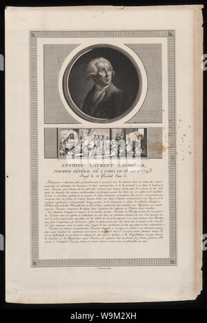 Antoine Laurent Lavoisier, fermier Général. Né a Paris Le 16 Aout 1743. Jugé le 16 Floréal l'an 2; mit Kopf und Schultern im Porträt der französischen Chemiker Antoine Laurent Lavoisier. Vignette unten Portrait schildert seine Verhaftung und Verurteilung Im Jahre 1794 für Sein ein Mitglied der Allgemeinen des Bauern, ein privates Unternehmen, Steuern und Zöllen für die Regierung gesammelt. Stockfoto