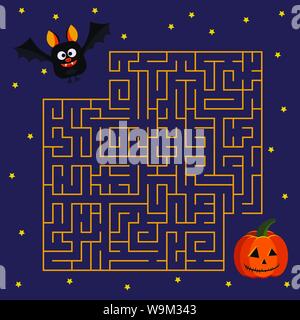 Hilfe cute bat Recht, seinen Freund Halloween Kürbis im Labyrinth Vector Illustration cartoon Flat Style zu finden. Stock Vektor