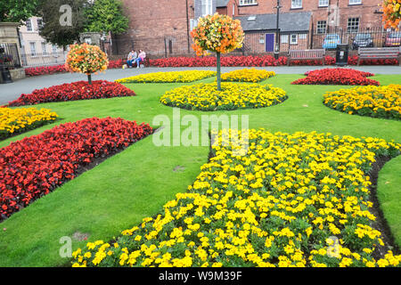 Bunt, bunt, blumig, Display, Pflanzen, Blumen, bei, CAE Glas Park, Oswestry, a, Markt, Stadt, in, Shropshire, Grenze, von, Wales, England, GB, VEREINIGTES KÖNIGREICH, Stockfoto