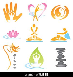 Sammlung von Yoga Spa Massage Logos, Icons. Vektor zur Verfügung. Stock Vektor