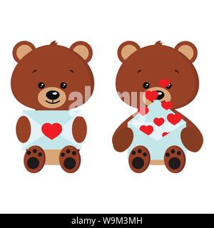 Romantisches Set Cute Baby braun Spielzeug tragen in sitzender Pose mit Liebesbrief in der Pfote. Stock Vektor