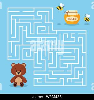 Labyrinth Spiel für die Kinder im Vorschulalter mit Labyrinth Cartoon cute brauner Bär Krug Honig und Bienen. Bär ist auf der Suche nach Honig Vector Illustration. Stock Vektor