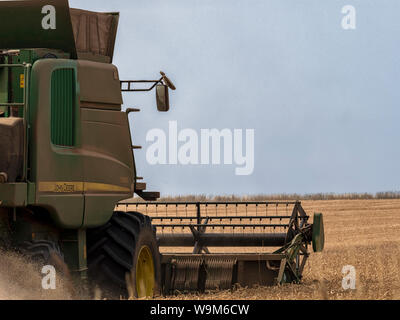 ROCHFORD, ESSEX – 25. JULI 2018: John Deere Mähdrescher bei der Arbeit bei der Ernte auf einem Feld Stockfoto