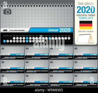 Nützliche Schreibtisch Dreieck Kalender 2020 Vorlage, mit Platz für ein Foto zu platzieren. Größe: 22 cm x 12 cm. Format horizontal. Deutsche Version Stock Vektor