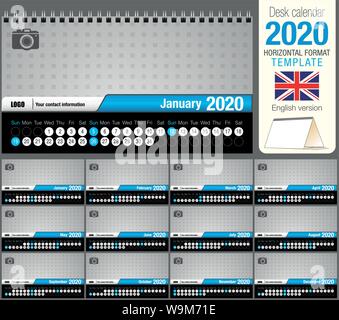 Nützliche Schreibtisch Dreieck Kalender 2020 Vorlage, mit Platz für ein Foto zu platzieren. Größe: 22 cm x 12 cm. Format horizontal. Englische Version Stock Vektor