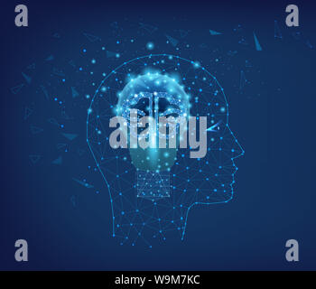 Polygonale Abbildung: Dreiecke und Punkte auf blauem Hintergrund. Kopf eines Mannes mit Gehirn in Form von einer elektrischen Lampe. Konzept des Denkens Mensch Stockfoto