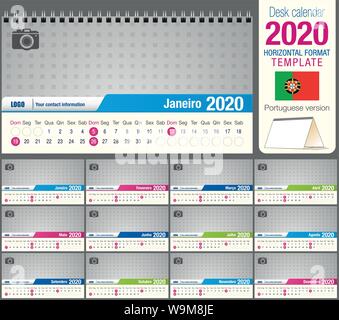 Nützliche Schreibtisch Dreieck Kalender 2020 Vorlage, mit Platz für ein Foto zu platzieren. Größe: 22 cm x 12 cm. Format horizontal. Portugiesische Version Stock Vektor