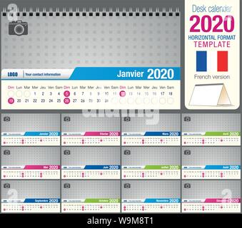 Nützliche Schreibtisch Dreieck Kalender 2020 Vorlage, mit Platz für ein Foto zu platzieren. Größe: 22 cm x 12 cm. Format horizontal. Französische Version Stock Vektor