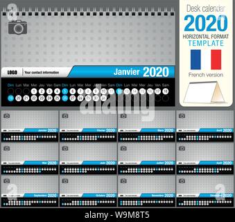 Nützliche Schreibtisch Dreieck Kalender 2020 Vorlage, mit Platz für ein Foto zu platzieren. Größe: 22 cm x 12 cm. Format horizontal. Französische Version Stock Vektor