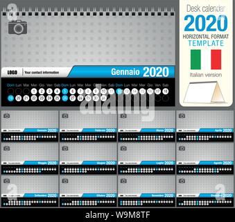 Nützliche Schreibtisch Dreieck Kalender 2020 Vorlage, mit Platz für ein Foto zu platzieren. Größe: 22 cm x 12 cm. Format horizontal. Italienische Version Stock Vektor