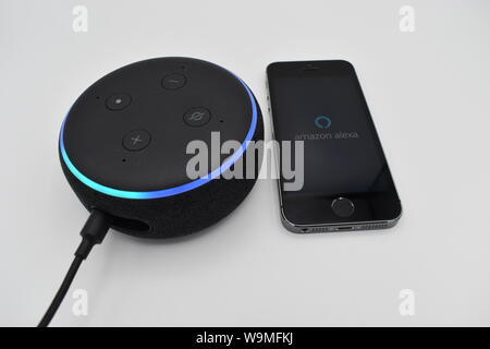 Alexa, virtueller Assistent von Amazon zusammen mit der Amazon App auf einem Smartphone. Stockfoto
