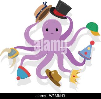 Ein lila cartoon Octopus versucht, auf viele verschiedene Hüte Stock Vektor