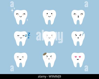 Zähne emoji Icon Set. Gerissene, gebrochene Gesunde weisse cute Cartoon kawaii Zahn Zeichen mit verschiedenen Gesichtsausdrücke. Stock Vektor