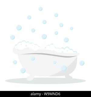 Farbe weiß Badewanne mit Blasen und Schaum mit Schatten auf weißem Hintergrund. Stock Vektor