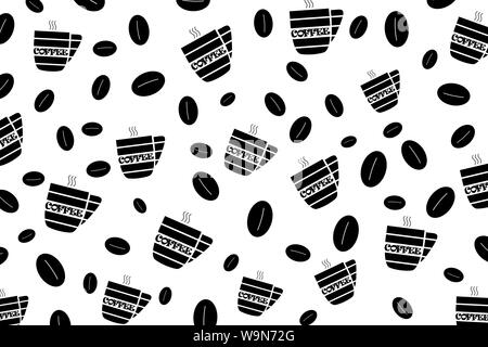 Schwarz und Weiß nahtlose Textur dargestellt. Schwarze Silhouetten von Tassen Kaffee mit Kaffeebohnen auf schwarzem Hintergrund. Stockfoto