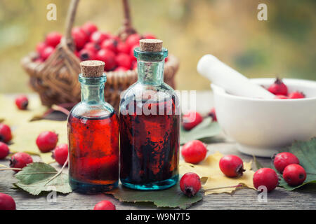 Mörtel von Weißdorn-Beeren, zwei tinktur oder Infusionsflaschen und Korb von Thorn Äpfel auf Holzbrett. Die Kräutermedizin. Stockfoto