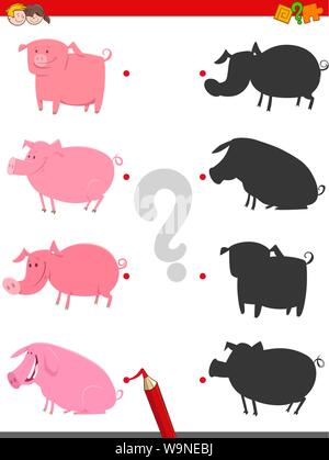 Cartoon Abbildung: Melden Sie den richtigen Schatten mit Bildern Lernspiel für Kinder mit niedlich Bauernhof Schwein Zeichen Stock Vektor