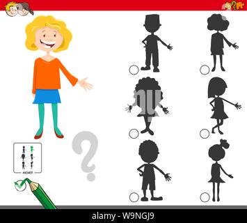 Cartoon Illustration auf das Finden der richtigen Schatten Lernspiel für Kinder mit Mädchen Zeichen Stock Vektor