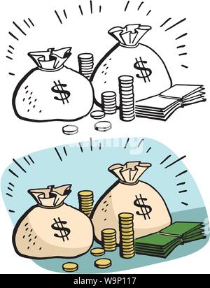 Ein Cartoon von Taschen Geld und Stapel von Bargeld. Stock Vektor