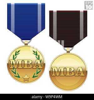 Goldmedaillen der Unterscheidung mit Farbband für Leistungen in der MBA Master of Business Administration Studium. Stock Vektor