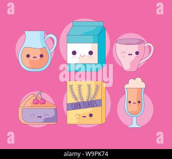 Teekanne mit set Essen kawaii Stil Vector Illustration Design Stock Vektor