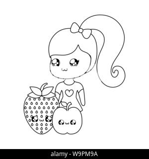 Süße kleine Mädchen mit Früchten kawaii Stil Vector Illustration Design Stock Vektor