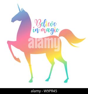 Regenbogen Einhorn Vektor-Illustration für Kinder-Design. Isoliert. Niedliches Fantasy-Tier. Typografie-Design. Stock Vektor