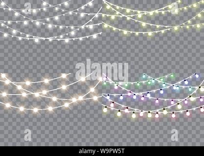 Einstellen der Weihnachtsbeleuchtung isoliert realistischen Design Elemente.. Leuchtende Lichter für Weihnachten Weihnachtskarten, Banner, Poster, Web Design. Girlanden Dekorationen Stock Vektor