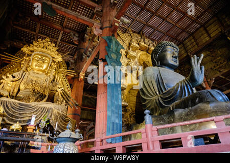 Der Innenraum der Alten daibutsuden an Todaiji, Nara beherbergt die weltgrösste Statue von Buddha in Bronze gegossen. Stockfoto