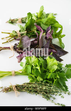 Verschiedene frische Kräuter auf weißem Hintergrund. Rosmarin, Petersilie, Thymian, Minze und Basilikum. Stockfoto