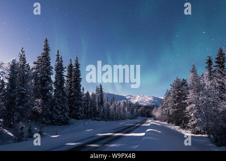 Eine Straße in Richtung führende Schnee-bedeckten Pallas fiel bei Winternacht in Pallas-Yllästunturi-Nationalpark in Muonio in Finnland Stockfoto