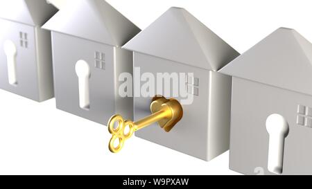 3D-rendering Schlüssel zum Glück Happy Home Schlüssel zum ersten perfekte Passform Home Liebe Zuneigung glücklich Wohnungsmarkt Golden Key Gelegenheit Konzept Stockfoto