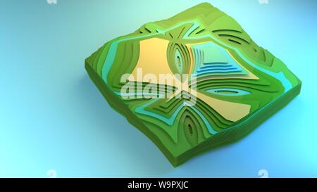 3D-rendering Fliegen über Ansicht Diagramm der Umgebung stilisierte grafisches Element creative Graphic Design Beispiel Diorama grünen Wald Felder, Planung Stockfoto