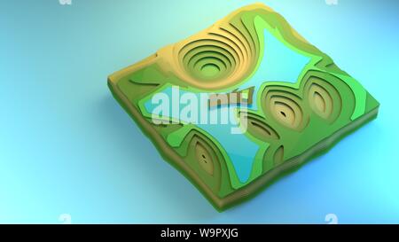 3D-rendering Fliegen über Ansicht Diagramm der Umgebung stilisierte grafisches Element creative Graphic Design Beispiel Diorama grünen Wald Felder, Planung Stockfoto