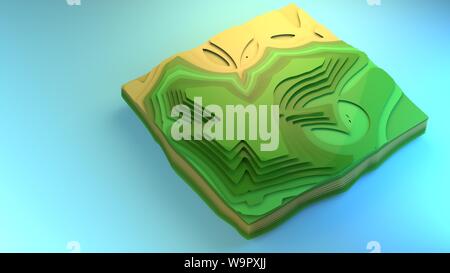 3D-rendering Fliegen über Ansicht Diagramm der Umgebung stilisierte grafisches Element creative Graphic Design Beispiel Diorama grünen Wald Felder, Planung Stockfoto